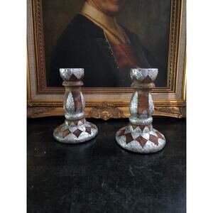 Pair 7" Vintage Turned Wood & Stamped Aluminum Candlesticks Bohemian 1960s